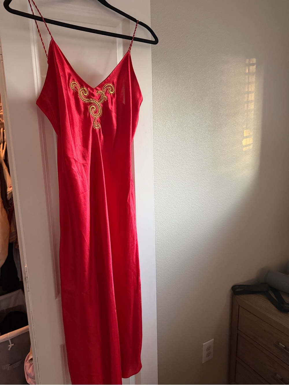Vintage Red Maxi Slip Dress with Gold Embroidered Detail